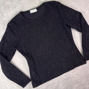Vtg Ninety Women's Black Shimmer Knit Sweater M Long Sleeve Pullover Top Fuzzy